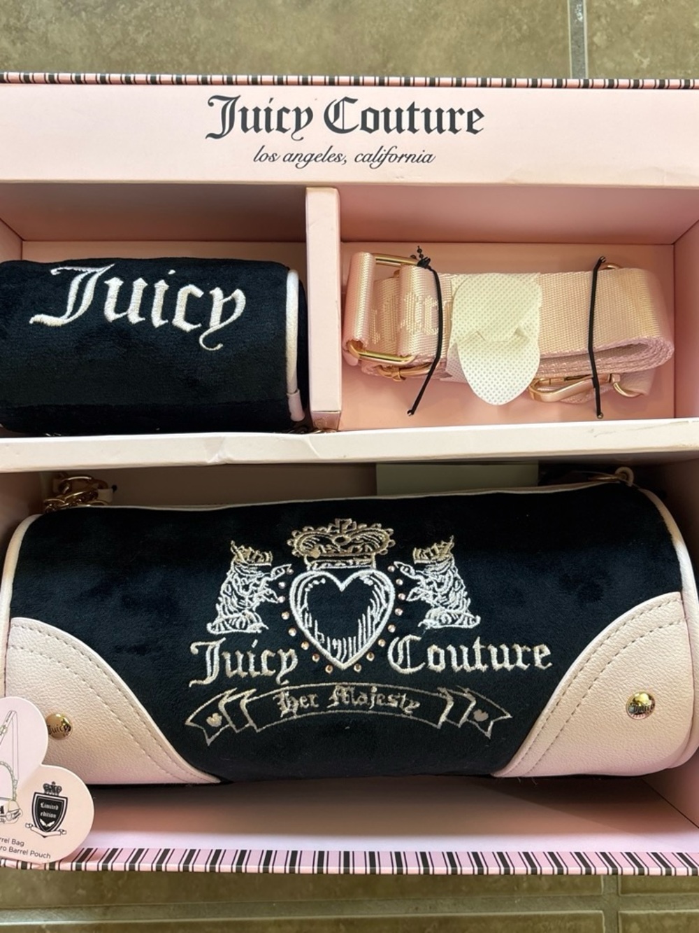BNWT Juicy Couture Black & Light Pink Embroidered Barrel Crossbody Bag Set